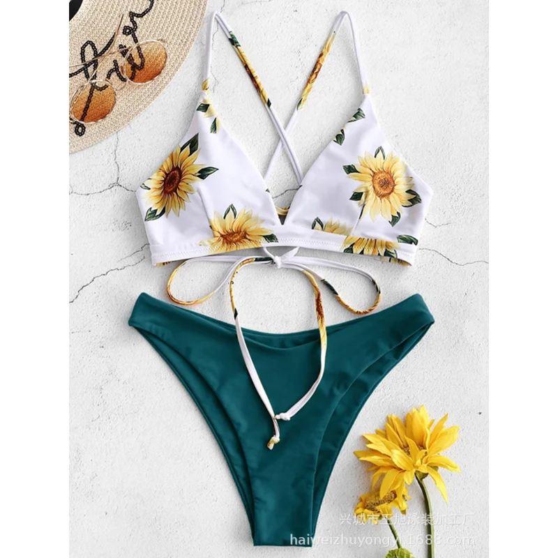 

Bikini Set Sexy Swimwear Women 2023 Mujer Push Up Padded Biquini Bathers Bandage Bathing Suit Swimsuit Bikini Sunflower Printed