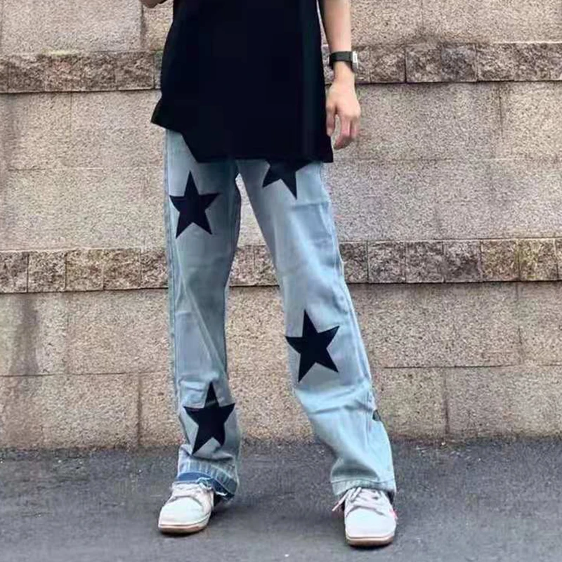 Hole Five Stars Embroidery Washed Retro Male Jeans Harajuku Loose Straight Oversize Casual Denim Trousers