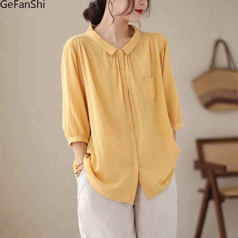 

2023 New Plaid Thin Summer Blouse Shirt Turn-down Collar Button Cotton Linen Ladies Women Casual Loose Tops Temperament Blusas