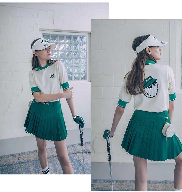 Women Golf Knitted Top Pullover Puff Sleeve Casual Sweater Blouse Shirt