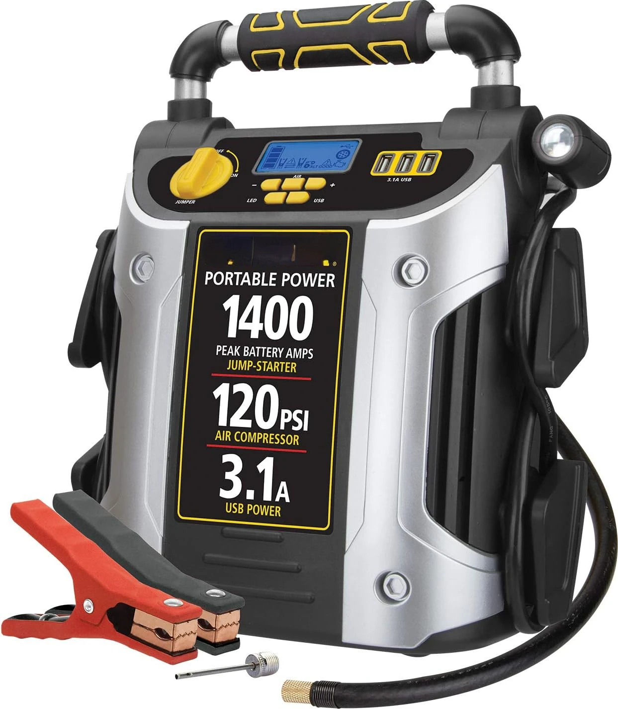 Digital Portable Power Station Jump Starter  1400 Peak Amp Battery Booster, 120 PSI Air Compressor, 3.1A USB Ports, Battery Clam