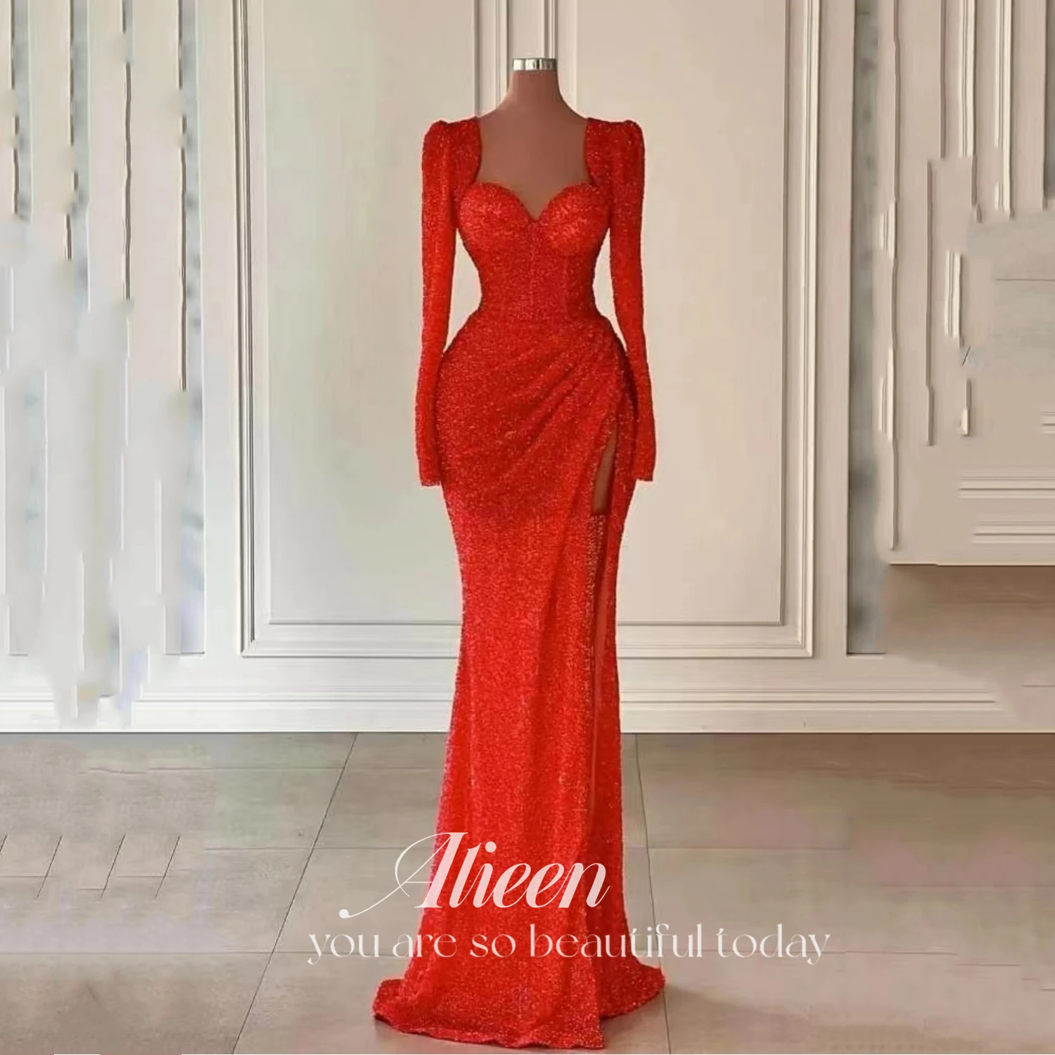 

Aileen Red Long Wedding Party Dress Party Evening Elegant Luxury Celebrity Sequins Sexy Quinceanera Dresses for Prom Mermaid