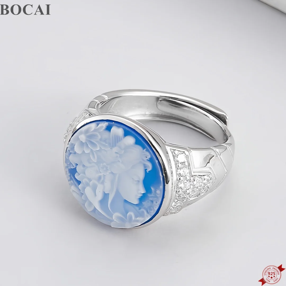 Фото Новые серьги-гвоздики и кольца BOCAI из стерлингового серебра S925 с рельефным синим агатом и камеей для женщин, изысканные ювелирные украшения №2