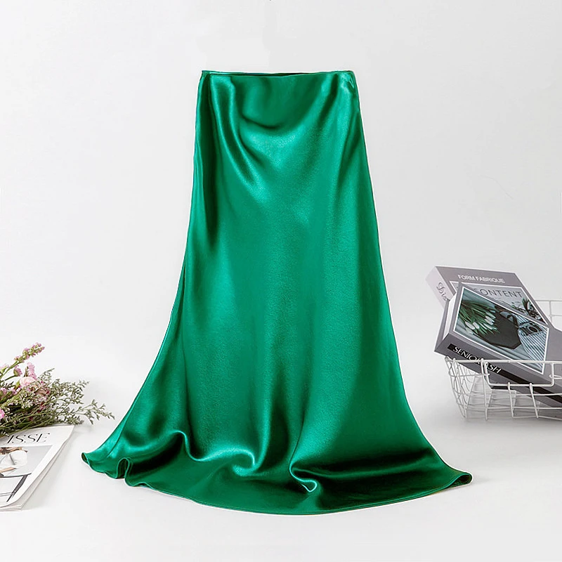 Летняя юбка с высокой талией для женщин Зеленая Шелковая атласная