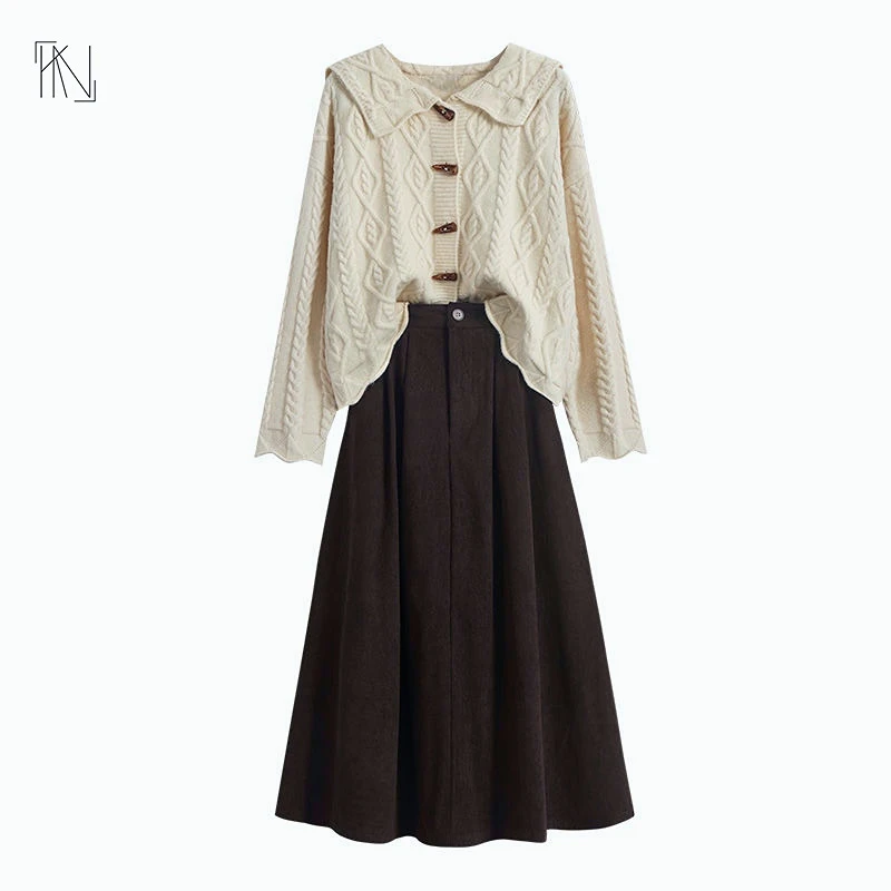 

Navy Collar Horn Button Fashion Skirt Set 2022 Winter New Vintage Gentle Single Breasted Skirt Suit Women Free Shipping