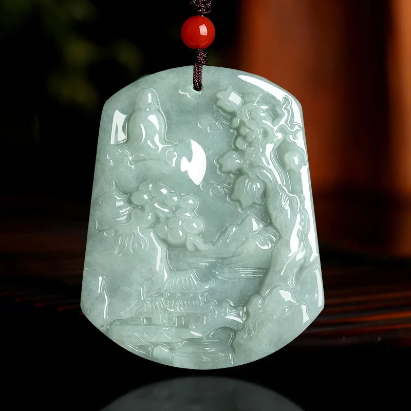 

New Natural Jade Landscape Pendant Jadeite Charm Necklace Exquisite Jewelry Women Men Fashion Accessories with Chain Gift