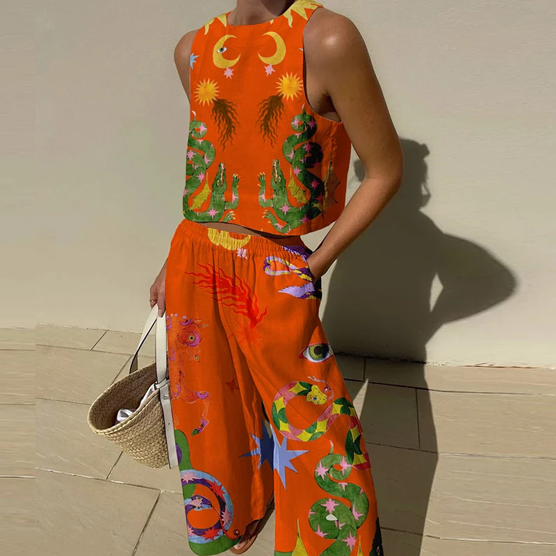 

Vintage Pockets 2Pc Suit Women Abstract Painting Classic Cotton Linen Summer Outfits Casual O-neck Tank Top&Long Pants Sets