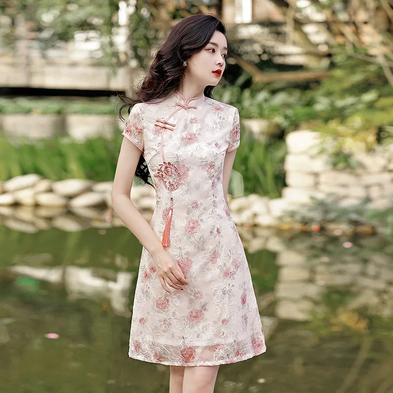 

New Female Chiffon Jacquard Peony Improved Cheongsam Daily Temperament Slim Cheongsam Sweet Wind Girl Lace Medium Length Dress