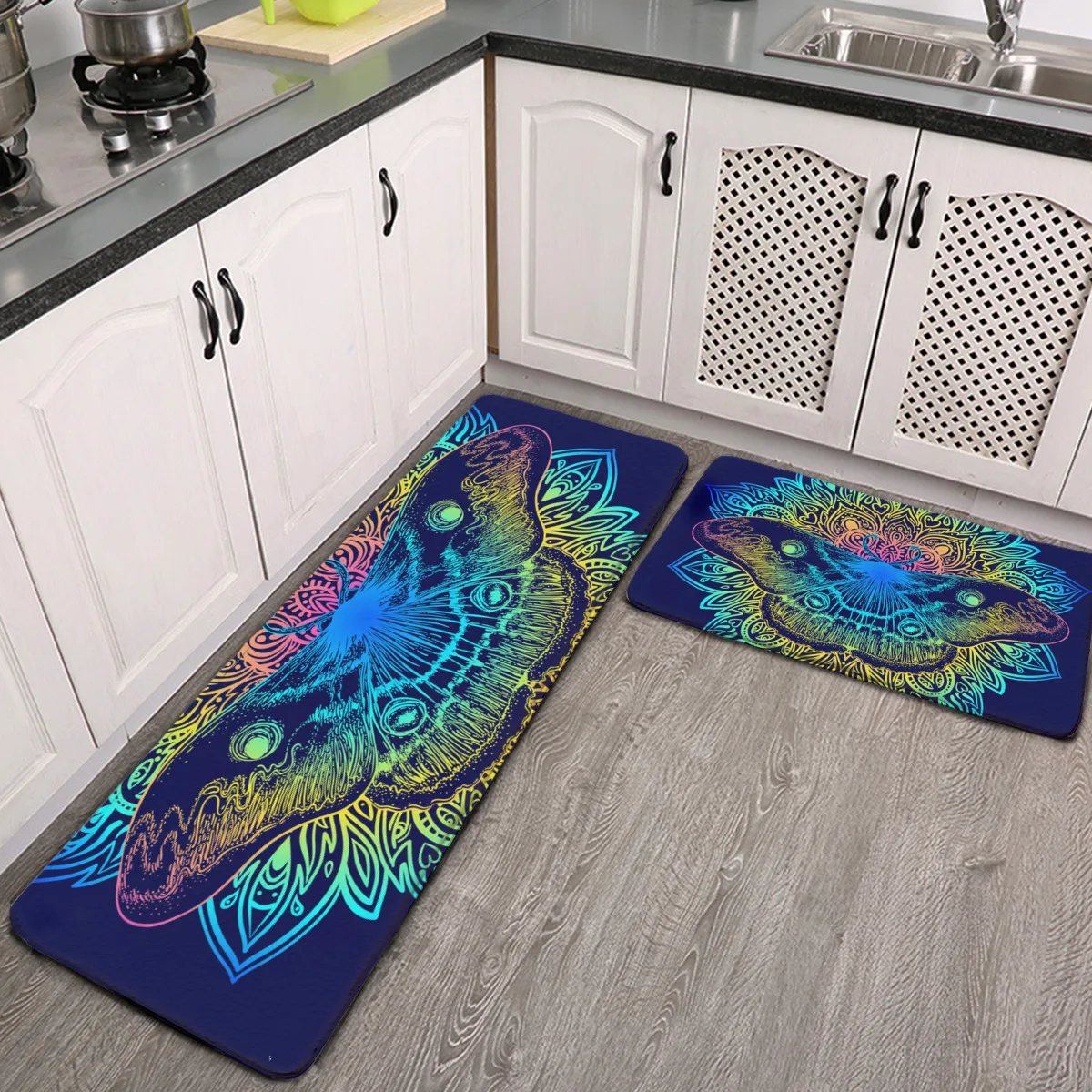 

Kitchen Rug Set of 2 Non Skid Beautiful Mandala Butterfly Moth Indigo Navy Blue Machine Washable Kitchen Rugs Mats Set Kitchen R