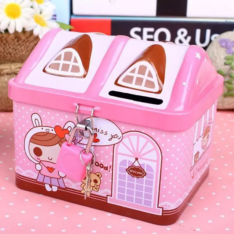 

New Metal House Shape Piggy Bank Coin Safe Storage Box Child Piggy Banks Key Lock Money Box Creative Children Christmas Gift