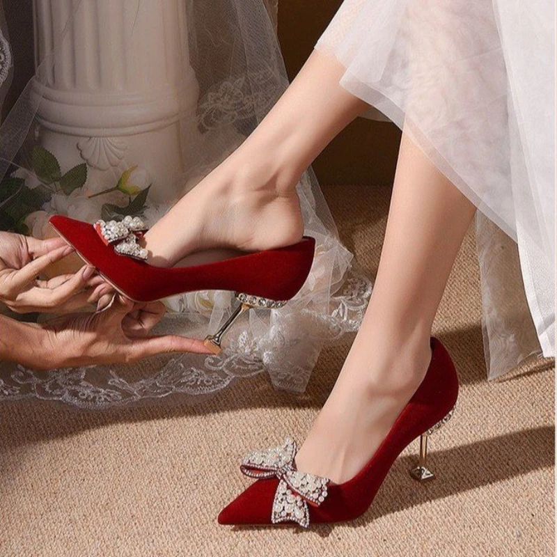 

Women Sexy Pearl Rhinestone Wedding Shoes Female Autumn New Fashion Crystal Butterfly Knot Elegant Dress Wedding Zapatos Mujer