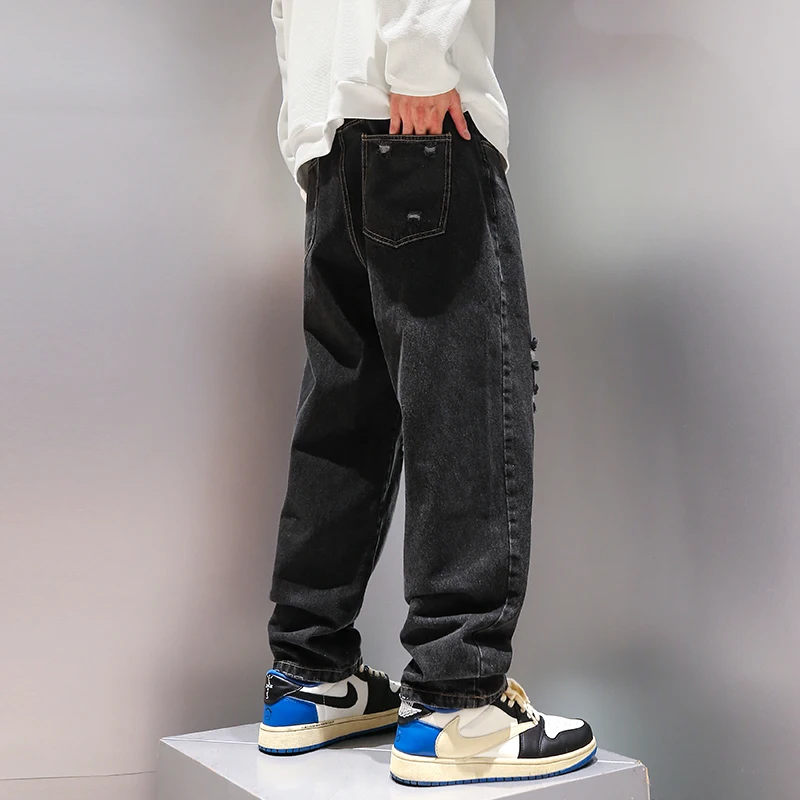 Four Seasons Retro Hole Embroidered Jeans Men's Trend Straight Loose American Retro High Street Casual Pants Fashion Streetwear