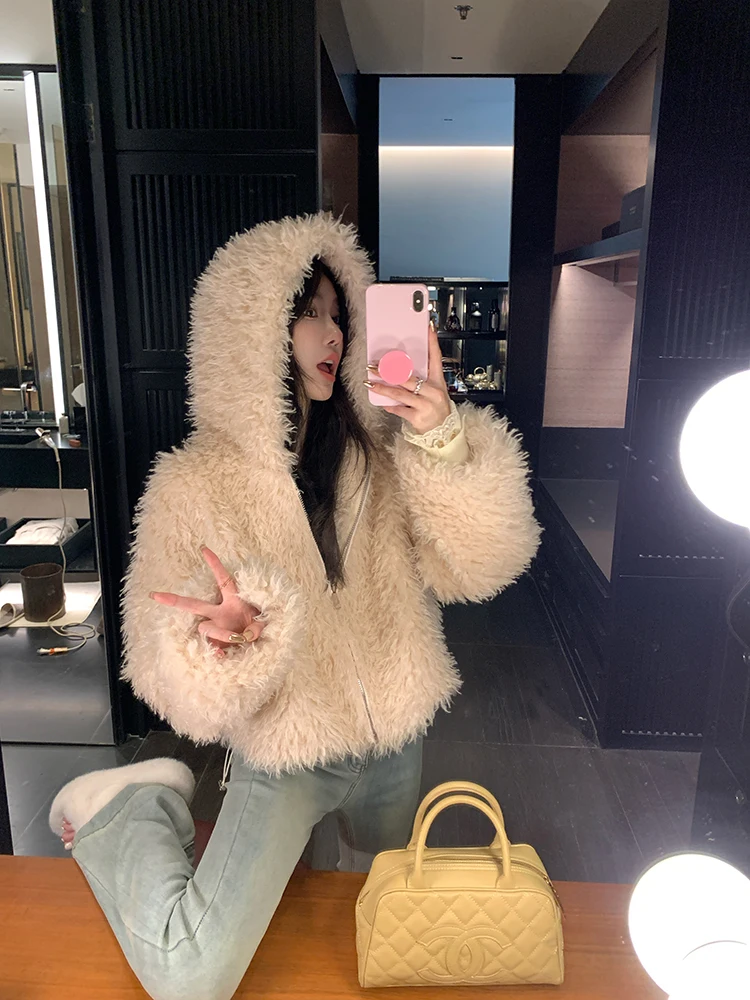 Chen Dayu Lamb плюшевый капюшон короткое пальто женское зимнее маленькое свободное