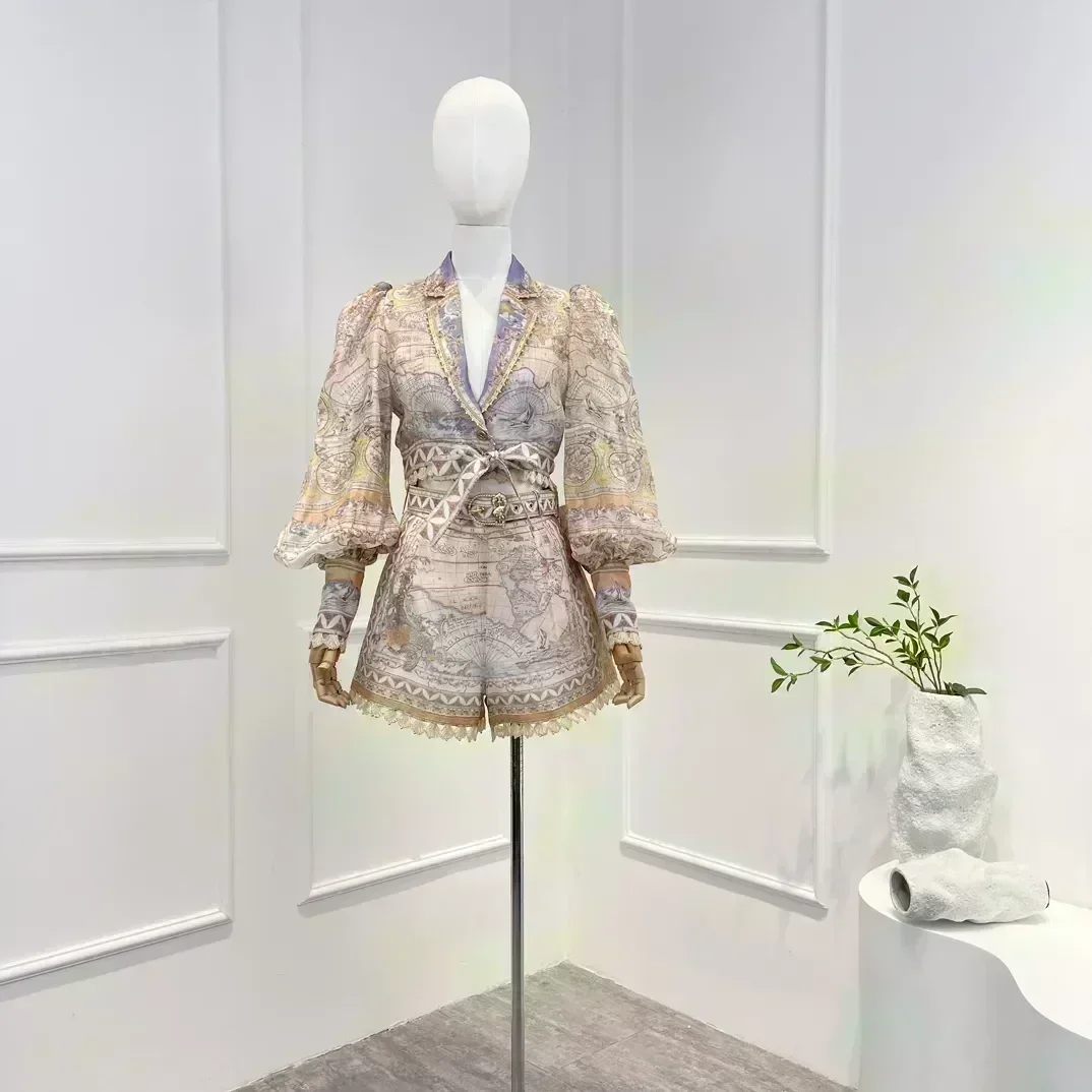 Льняной шелк винтажная блузка и шорты на шнуровке с длинными рукавами-фонариками