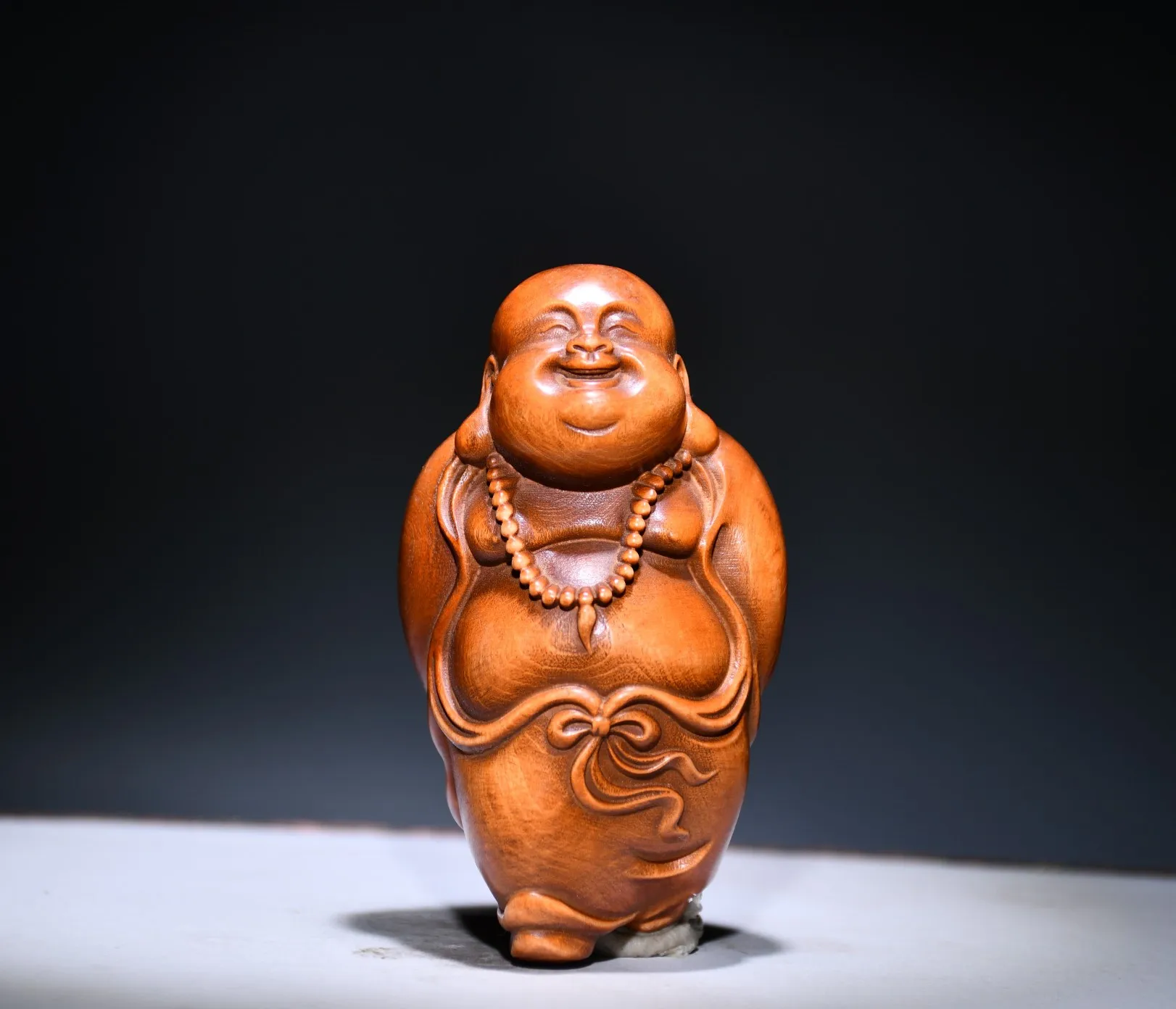 

3"Chinese Folk Collection Boxwood Maitreya Amitabha Big Belly Buddha Amulet office ornament Town house Exorcism