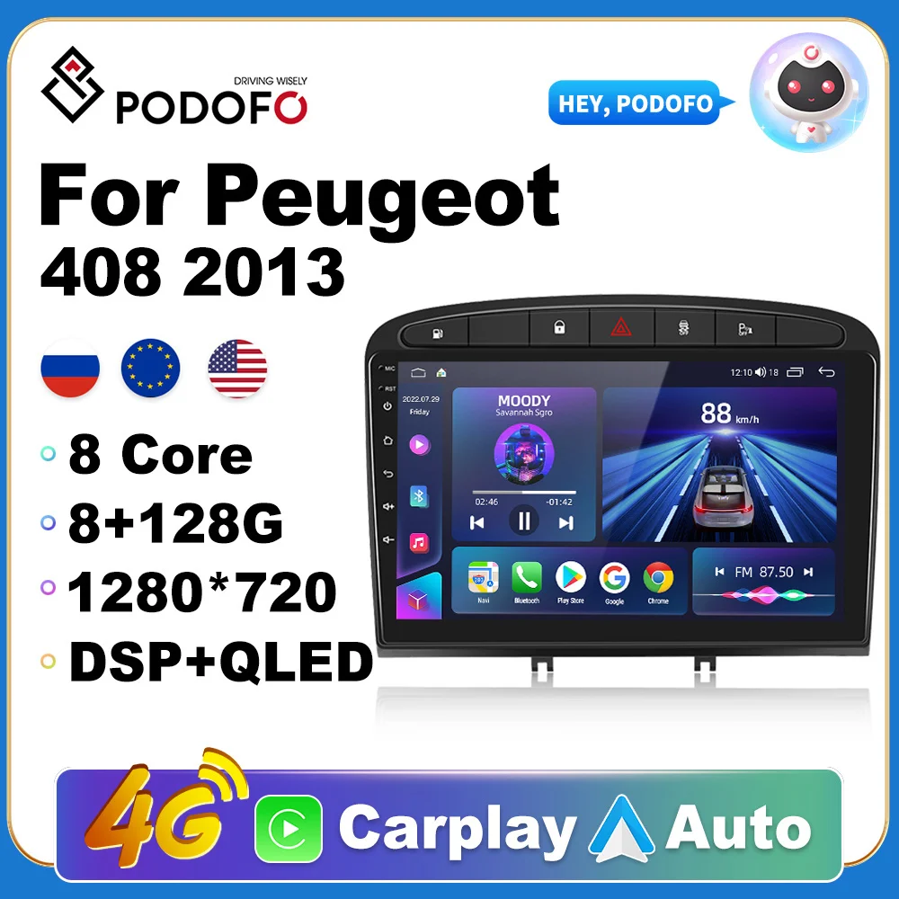 

Podofo Android 10 Car stereo 8 Cores 2Din 9" for Peugeot 408 2013 Head Unit GPS WIFI 4G 8+128G Car Radio Multimedia Video Player