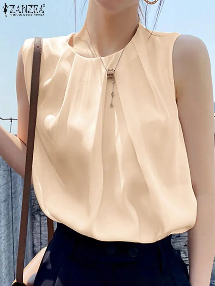 

Summer Elegant Satin Tanks Tops ZANZEA Women Sleeveless Solid Blouse 2023 Fashion Korean Work Shirt Female Casual Holiday Blusas