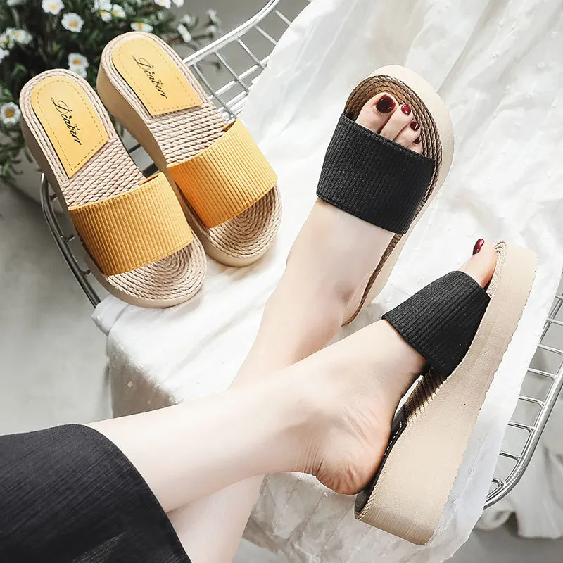

2022 New Summer Basic Casual Female Shoes Platform Wedges Outdoor Beach Slides High Heels Indoor Hemp Slippers for Women