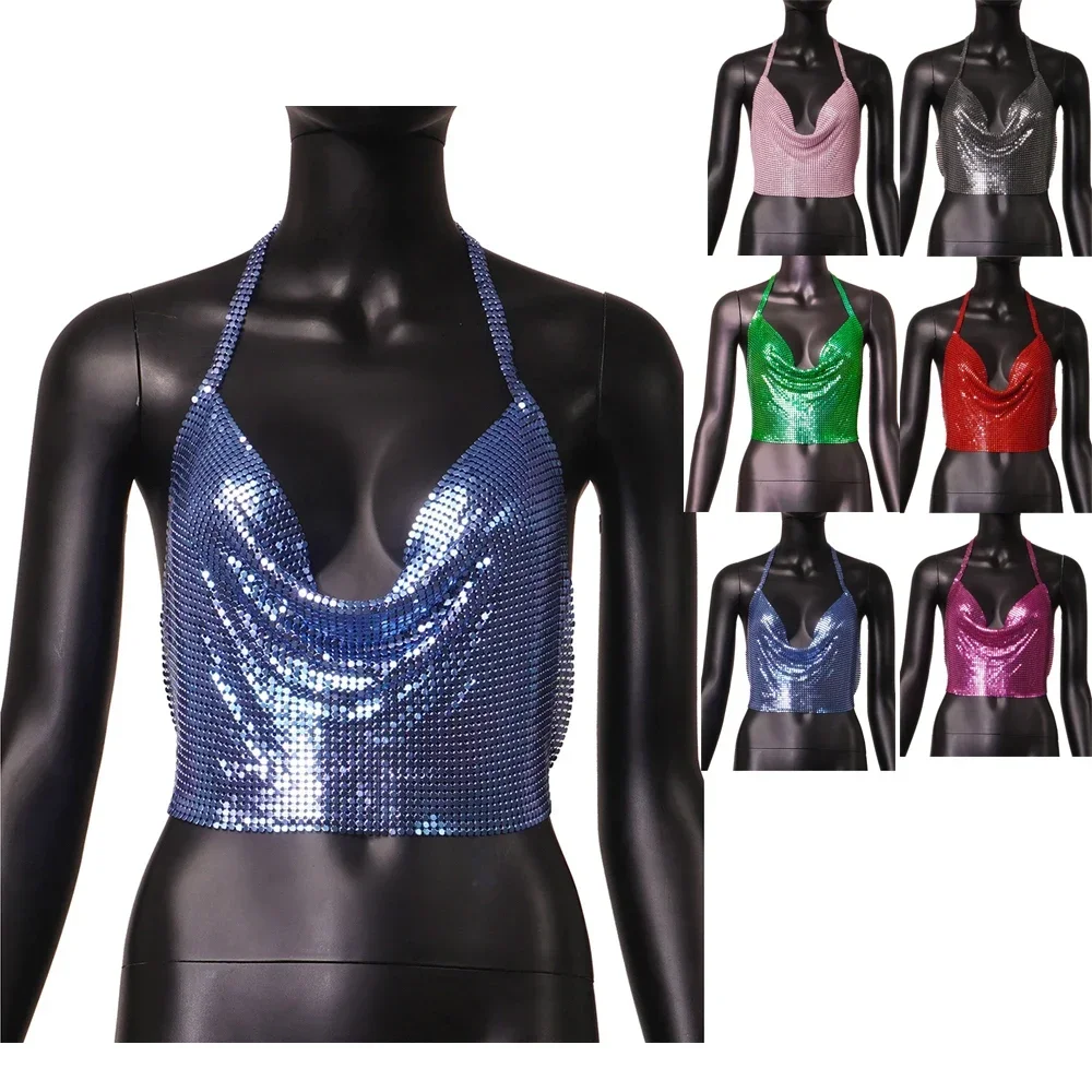 Металлические женские топы сетчатый топ с лямкой на шее женская майка открытой
