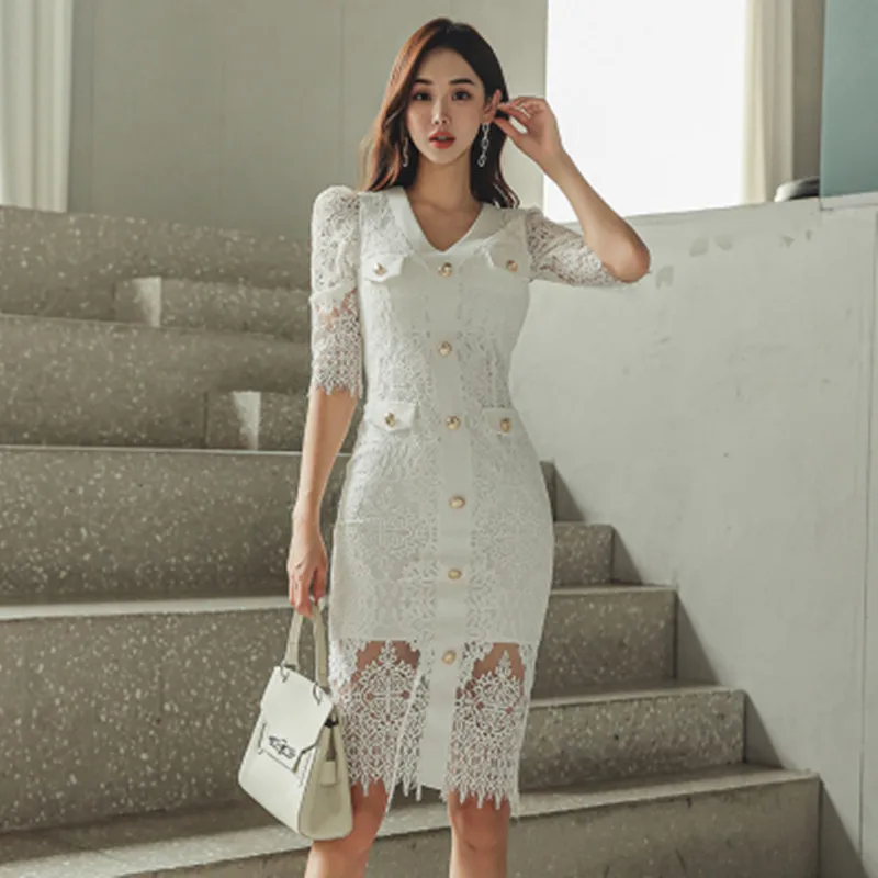 

Женское облегающее платье средней длины, Элегантное однобортное кружевное платье с V-образным вырезом, одежда в Корейском стиле на осень
