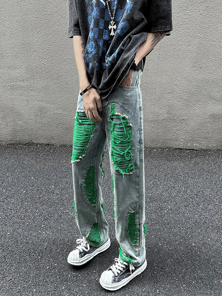 Men's High Street Jeans Four Seasons Design Straight Pants Trend Loose Wide Leg Ripped Pants Hip Hop Jeans Ins Hot Sale