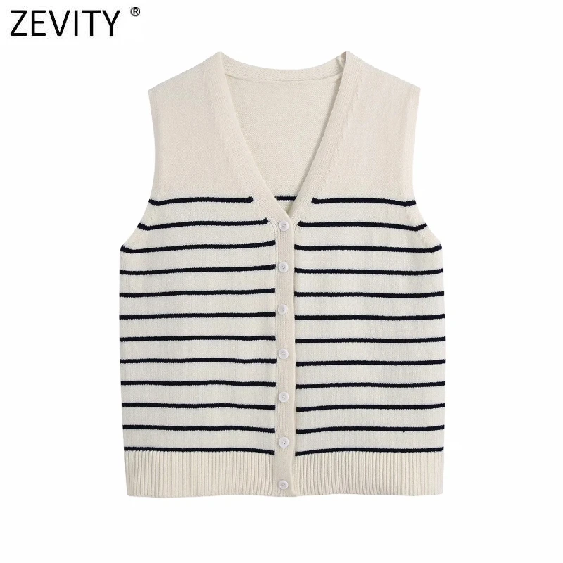 

Zevity 2021 Women Fashion V Neck Striped Print Knitting Sweater Ladies Sleeveless Single Breasted Vest Chic Cardigans Tops SW823