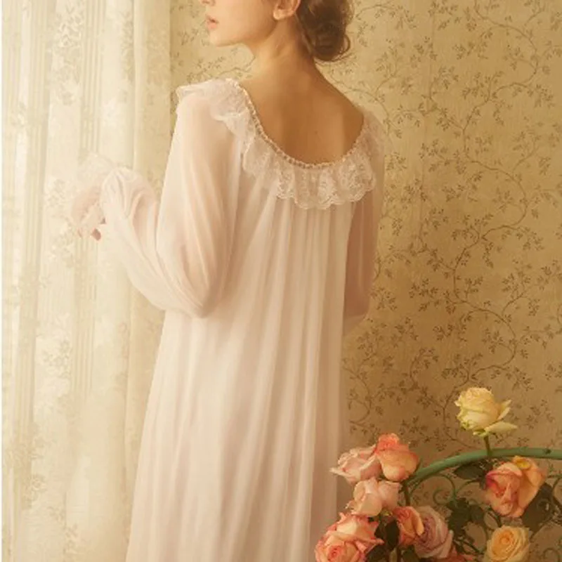 Retro Nightgowns Women Lace Long Sleeve Princess Pajamas French Sexy Nightdress Loungewear Sweet Girls Lovely White Clothing
