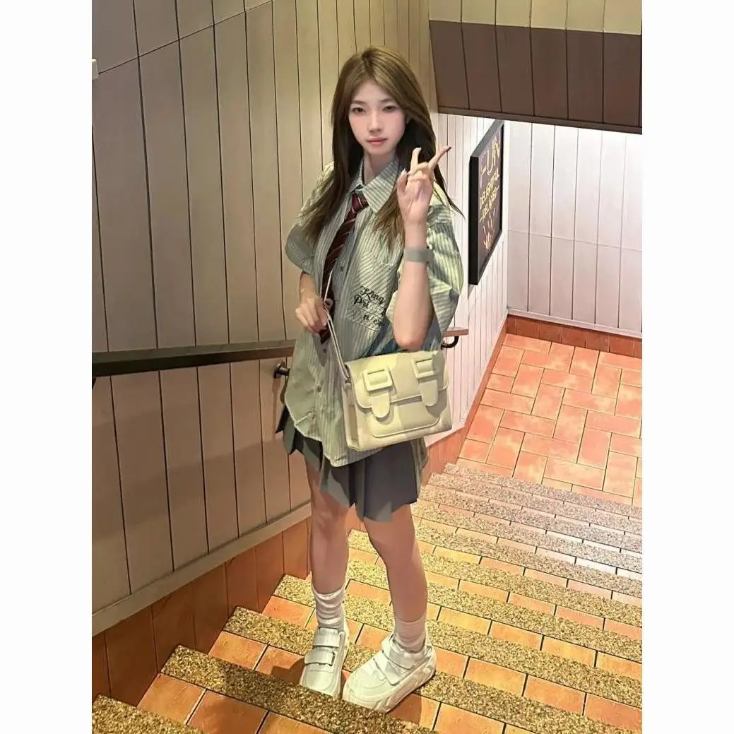 Japan fashion Sweet Pleated Skirt Ins Set Hong Kong Sle Artistic Retro Stripe Tie Shirts Two-piece Women