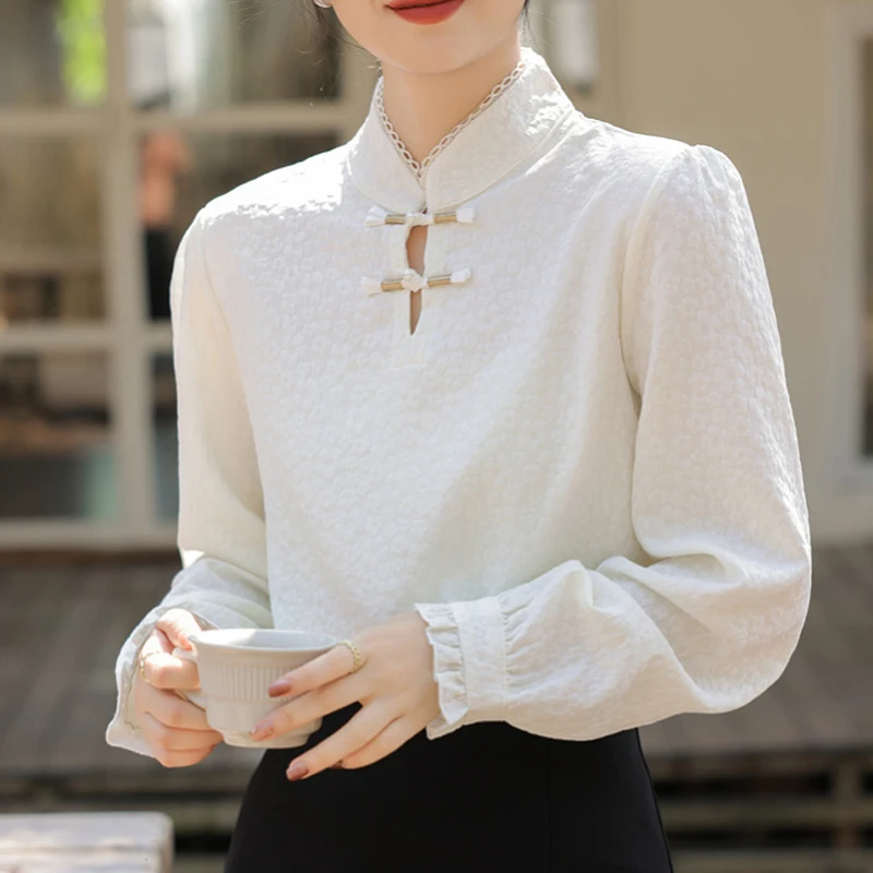 Женская жаккардовая блузка с длинным рукавом и стоячим воротником