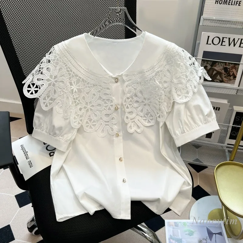 

Sweet Lace Peter Pan Collar White Shirts Womens 2022 Summer Short-Sleeved Single-Breasted Blouse Korean Style All-Match Top