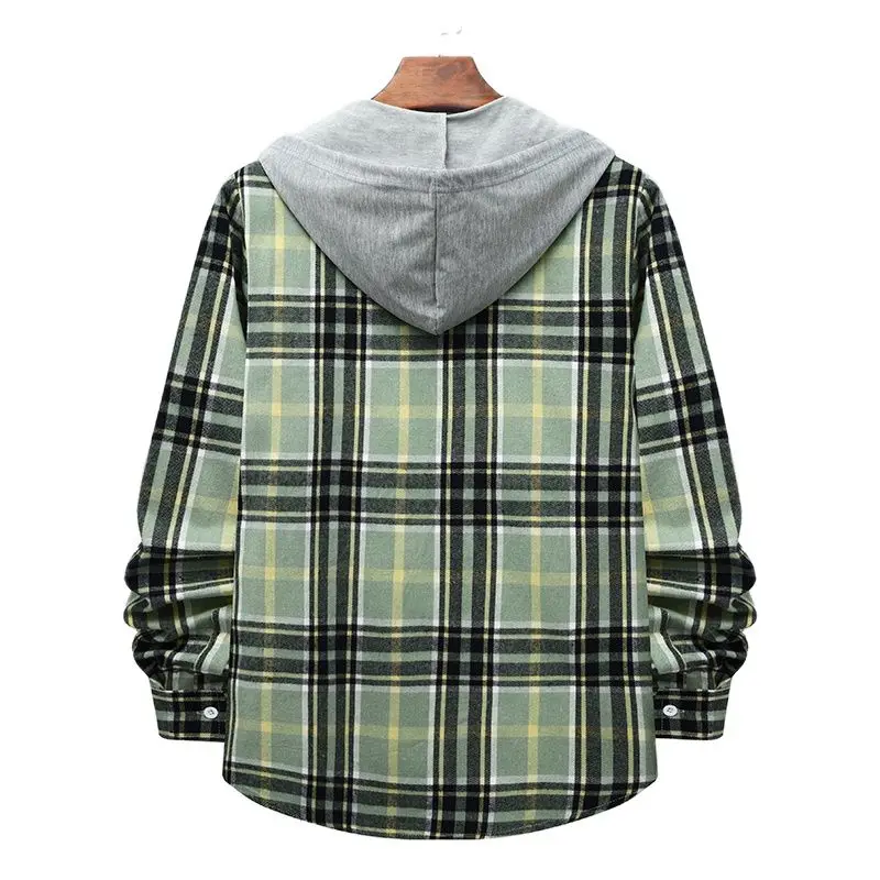 Parklees 2023 New Green Checked Hooded Shirts for Men Long Sleeve Cotton Plaid Shirt Coat Fashion Casual Hip Hop Streetwear Tops