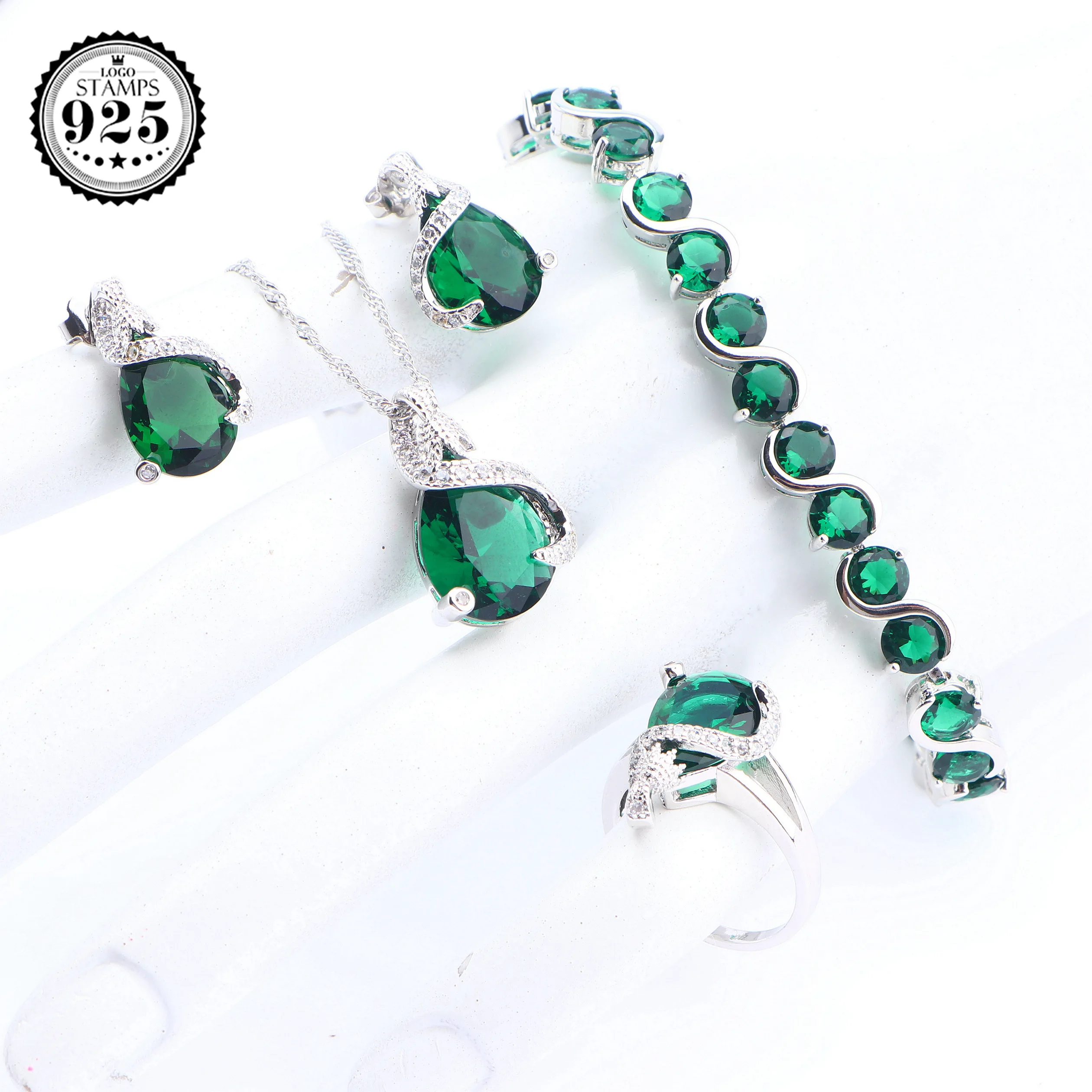 

925 Silver Bridal Jewelry Sets Green Cubic Zircon Rings Necklace Pendant Earrings Stones Bracelets Set For Women Wedding Jewelry