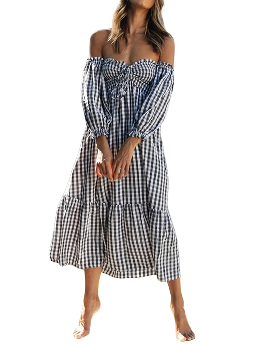 

Women Long Sleeve Off-shoulder Dress Casual Flowy Plaid Bandage Party Dress for Beach Club Streetwear