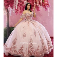 pink handmade flowers ruffles ball gown quinceanera dresses off the shoulder crystal appliques vestidos de quincea%c3%b1era 15 %c3%b1era