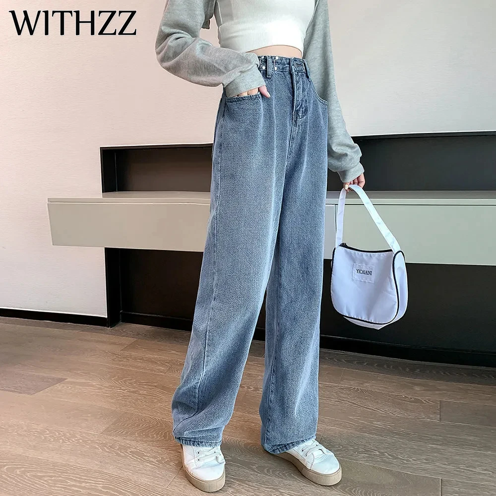 

WITHZZ Spring Autumn Women Loose Blue Denim Straight Pants Casual High Waist Female Jeans