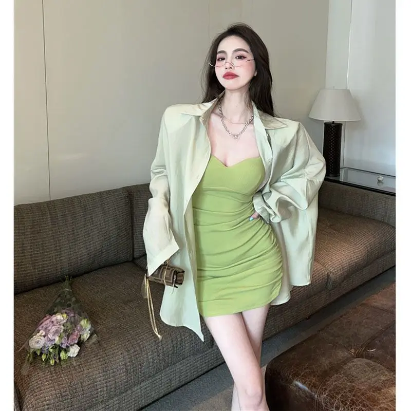 

Hong Kong flavor green hot girl halter dresses two-piece female summer senior sense of imperial sister hip short skirt waist