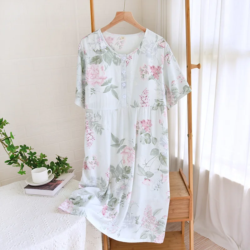 Korean Sleepwear Women Short Sleeve Printed Night Wear Dress Loose Summer Nightgowns Female Lounge Nightdress Vestido Mujer