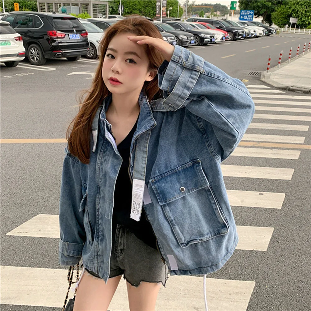 

Женская джинсовая куртка с воротником-стойкой, Свободная Повседневная джинсовая куртка в винтажном стиле с длинным рукавом «летучая мышь»,...