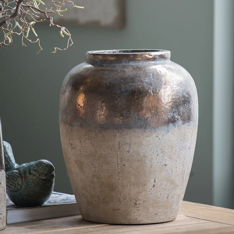 Ваза из грубой керамики винтажный Состаренный орнамент Цветочная композиция для