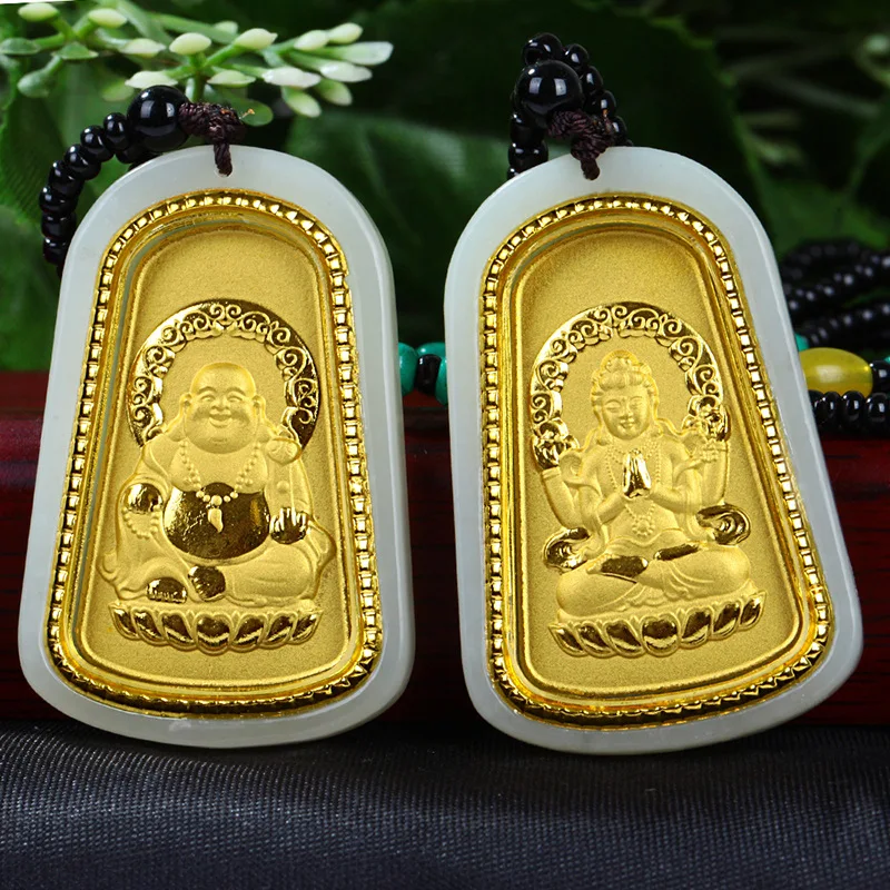 

Gold jade mirror inlaid worry-free Guanyin Buddha pendants for men and women