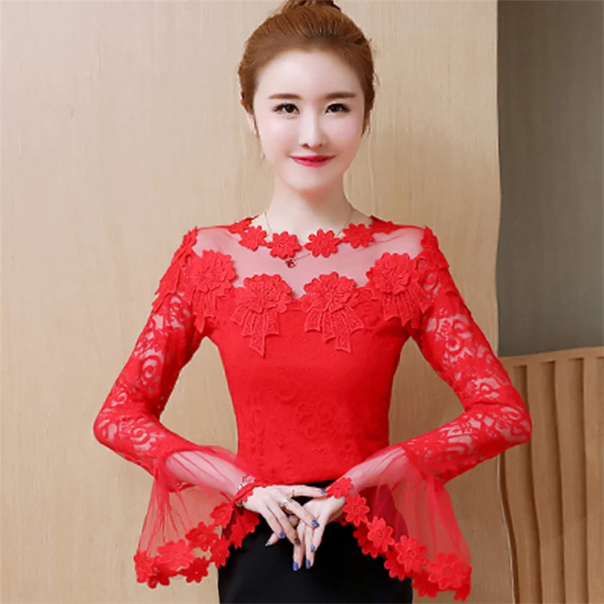 

2023 New Women Long Sleeve Lace Blouse Elegant Summer Lady O-neck Mesh Blousas Embroidery Shirt Bottomings Pullovers Fairy 2091