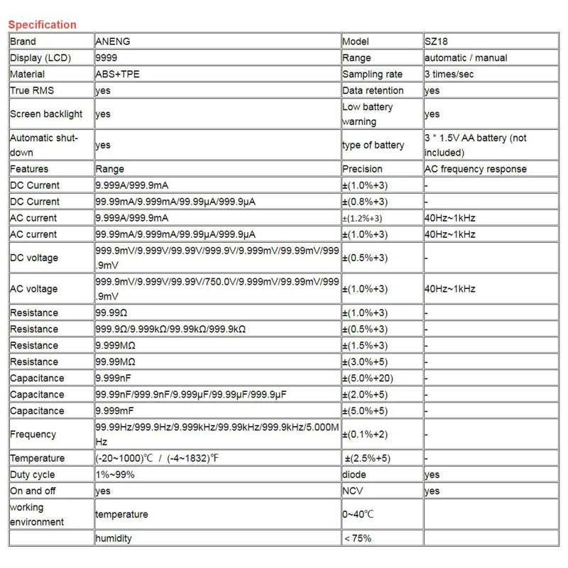 Цифровой мультиметр SZ18 автоматический вольтметр с разрешением 9999 отсчетов