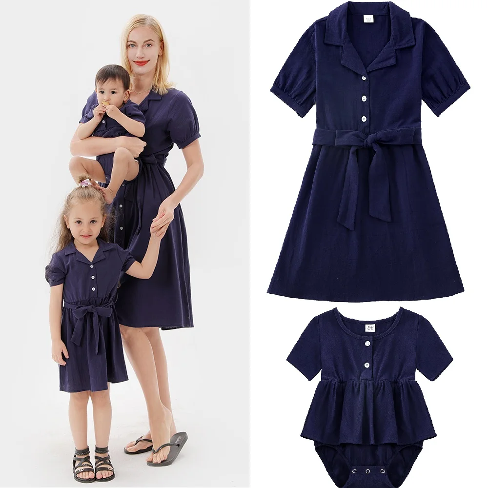 

Fashion Mommy and Me Clothes Family Set Button Closure Mother Daughter Matching Dresses Summer Mom Baby Women Girls Cotton Dress