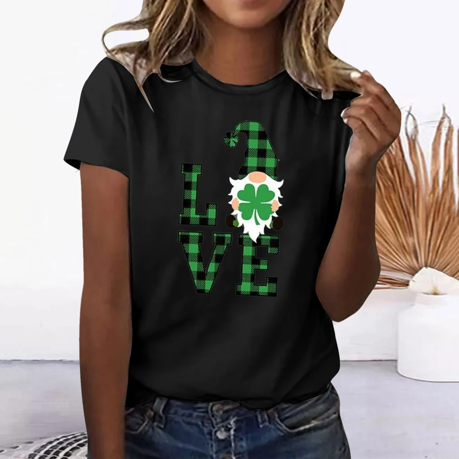 

Womens Fashion Short Sleeve Round Neck Top Fashion Print T Shirt Loose Top Lace Blouses