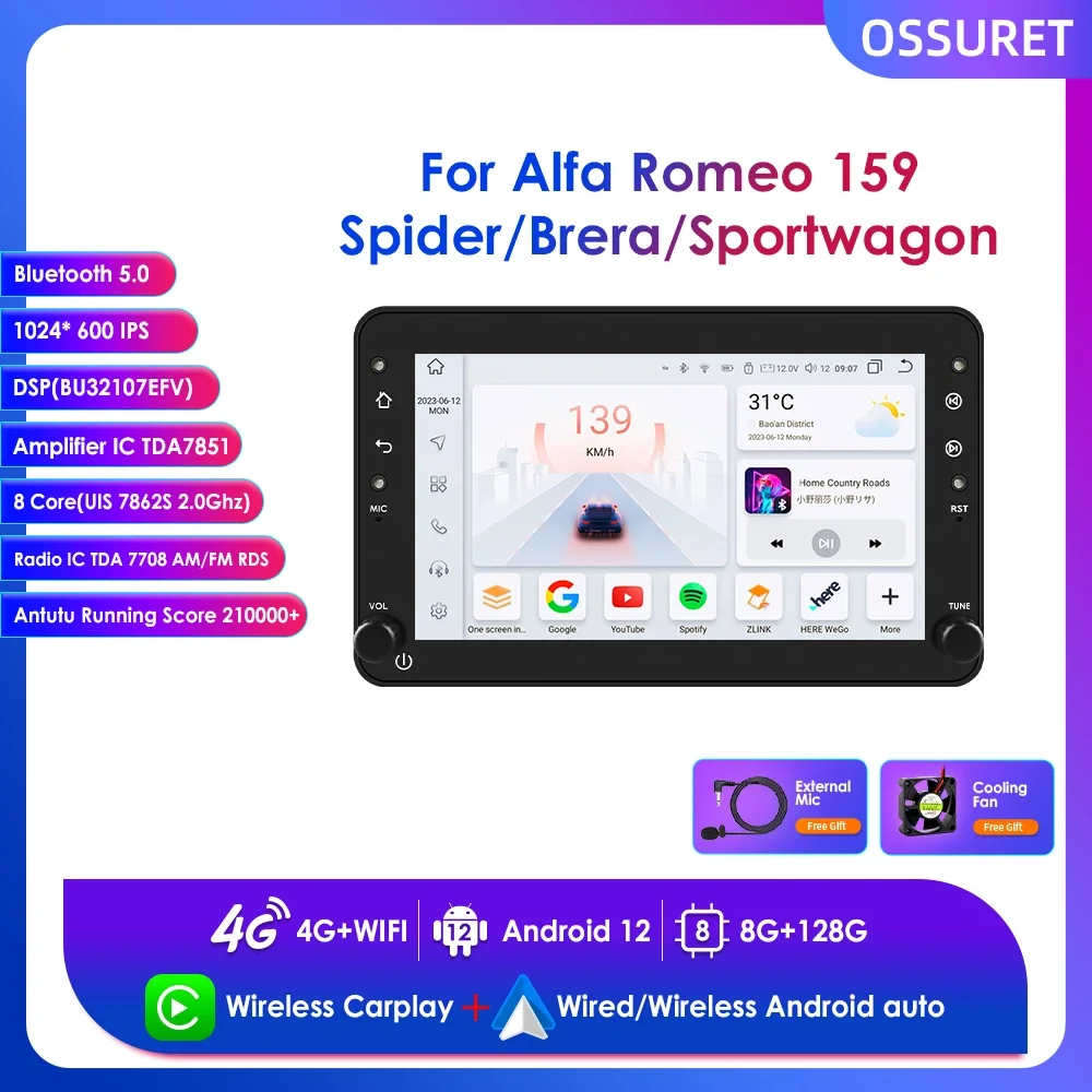OSSURET 7 &quotбеспроводной Carplay для Alfa Romeo 159 Brera Spider Sportwagon Android авторадио автомобильный