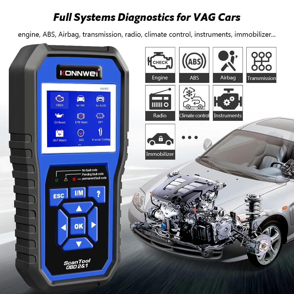 2022 KW450 OBD 2 диагностический инструмент сброс полный рабочий VAG COM для автомобилей VW