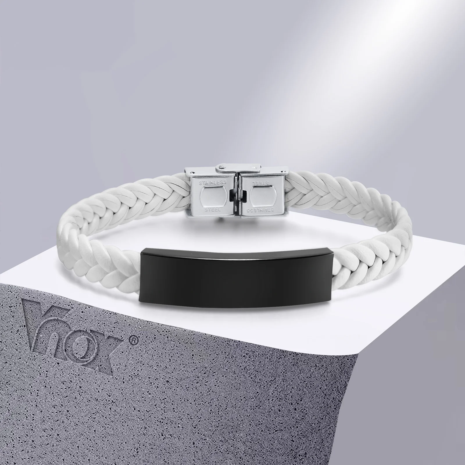 

Vnox Free Personalized Stainless Steel ID Tag Bracelets for Men,Handmade Leather Cord Wristband Custom Birthday Gift to Him