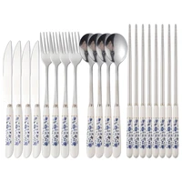 celadon white silver ceramic handle cutlery set kitchen dinnerware stainless steel knife fork spoon chopsticks western tableware