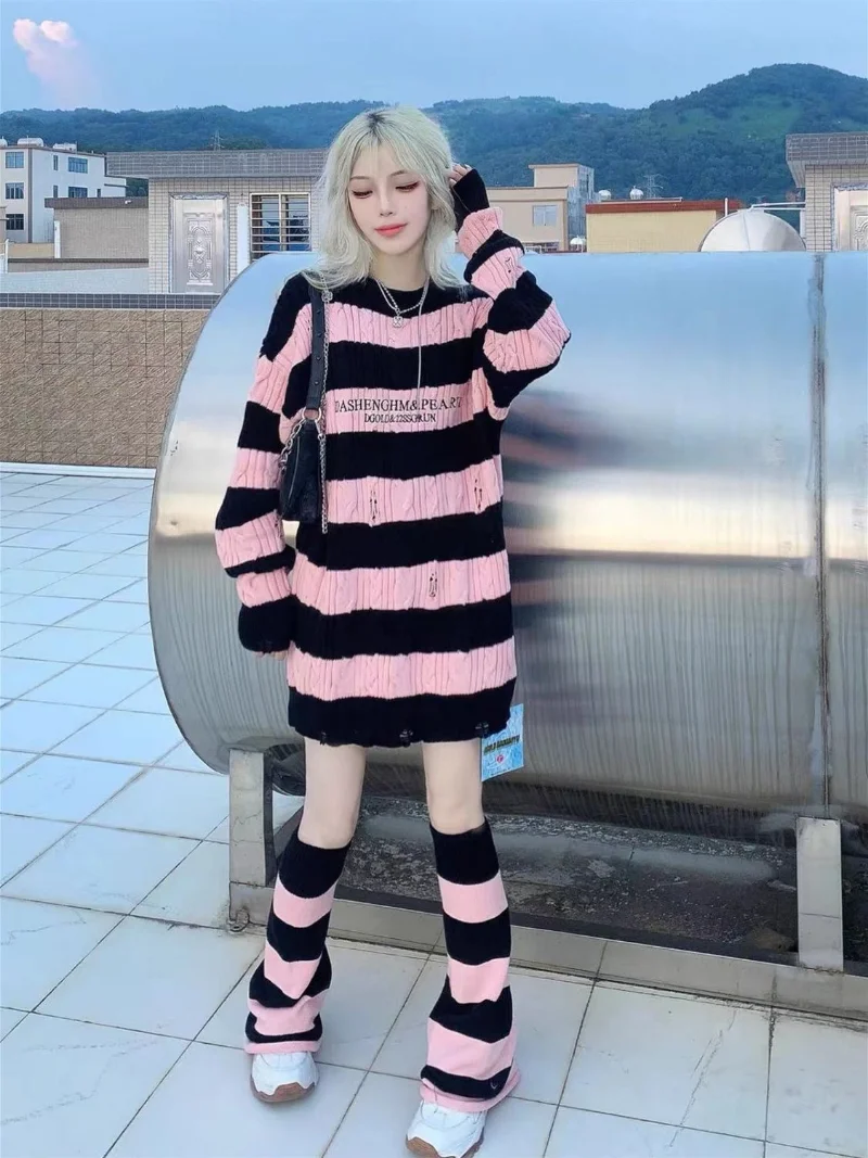 

Y2k Knitted Sweaters Pink Striped Letter Contrast Color Pullovers Pull Femme Oversize Vintage Sueter Women Long Sleeve O Neck