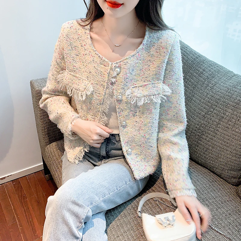 

Реальное фото 2022 Корейская версия твидовое пальто радужного цвета с бахромой и краями, ароматный короткий жакет, Женский нишевой темпераме...
